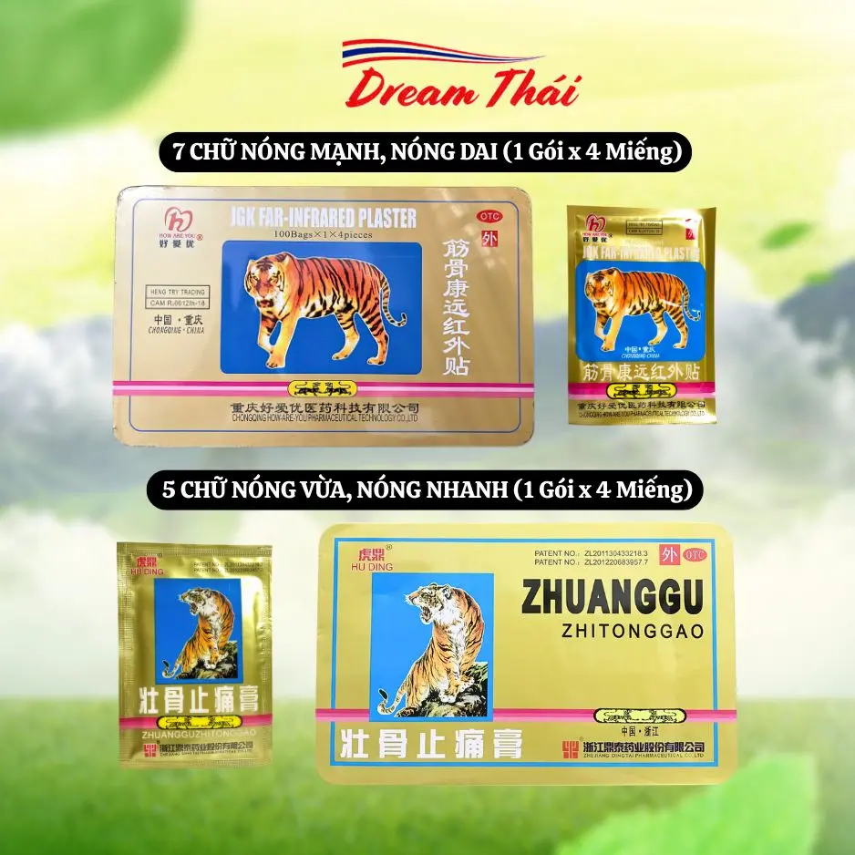 Miếng Cao Dán Con Hổ Thái Lan 5 Chữ, 7 Chữ Hỗ Trợ Giảm Đau Mõi Cơ Xương Khớp (1 Bịch x 4 miếng) [Dream Thái]