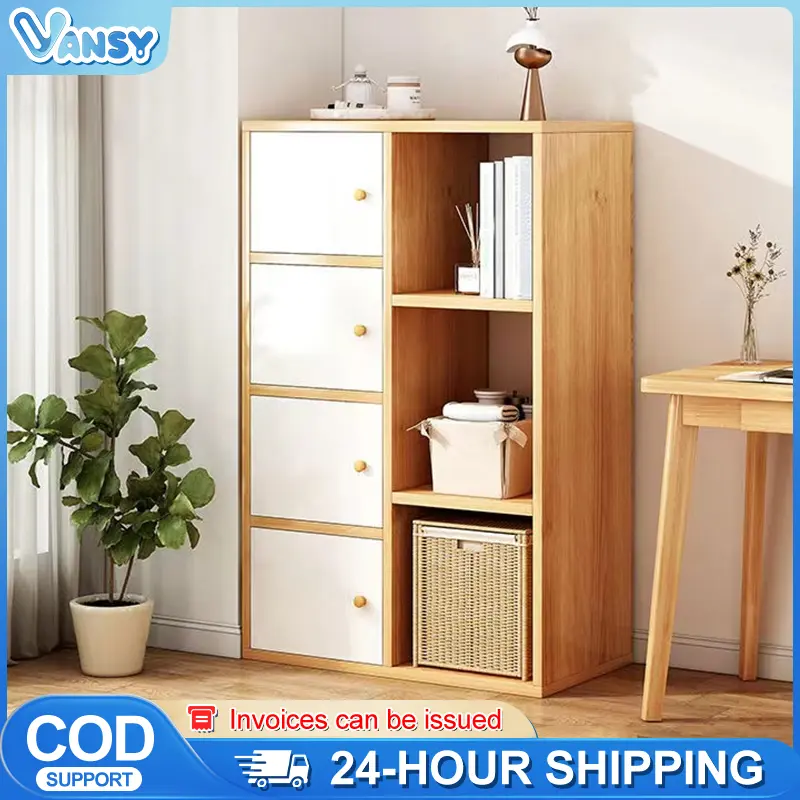 Vansy 3/4 layer Wooden Drawer Cabinet Simple Storage Cabinet Chest Of Drawers Bedroom Living Room Study Locker Student Dormitory Bookshelf Bookcase With Door