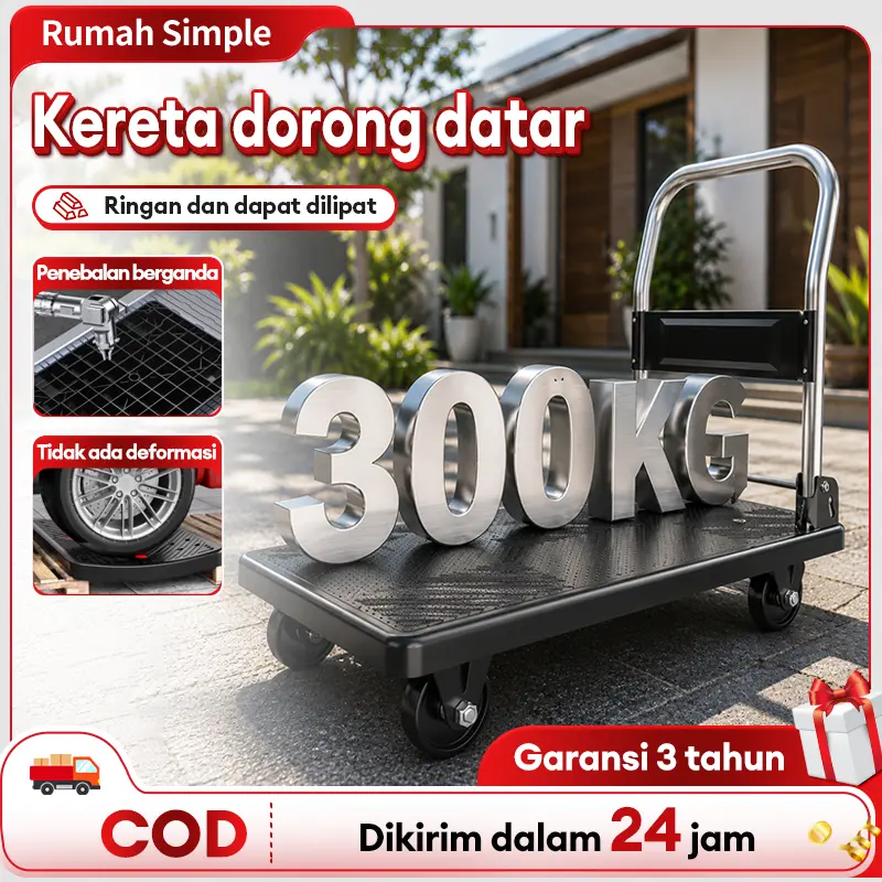 Troli Barang Lipat Heavy Duty 300KG Platform PP Anti Slip Roda PU Senyap Trolley Dorong Portable Kuat untuk Gudang Toko Rumah Pindahan COD