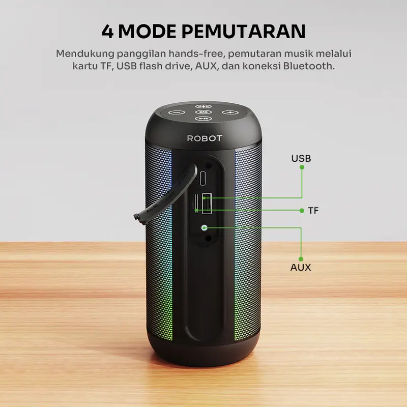 ROBOT Speaker Bluetooth Superbass 10W IPX4 With RGB Light Speaker Wireless Waterproof RB510 Original - Garansi 1 Tahun 6