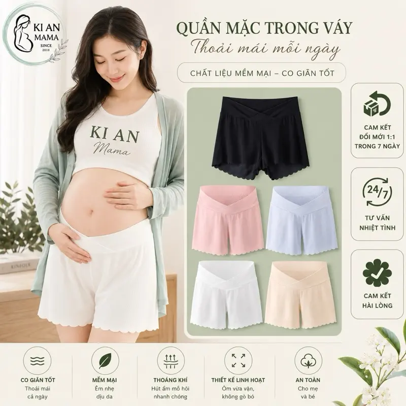Quần Bầu Mặc Trong Váy Ki An Ms 02 cạp chéo Chất Cotton tăm Co Giãn 4 Chiều. Quần trong váy bà bầu mềm mại Váy Bầu Đầm Bầu Sandal Voi