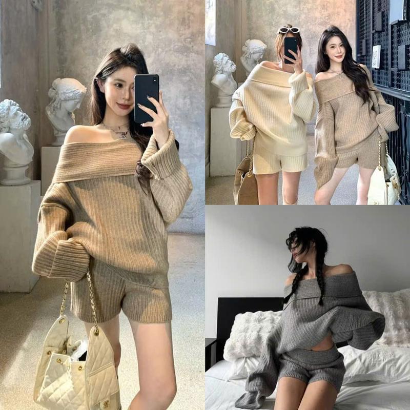   LT003  Set len dáng rộng Áo trễ vai mix quần short chất len gân dày dặn QCCC L1 