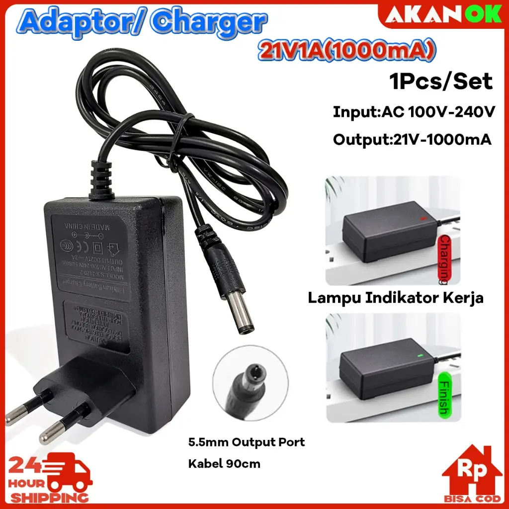 Adaptor/ Charger untuk Bor Baterai Lithium 21V - 98V | Input Luas AC 100-240V Cocok Listrik US & EU | Kabel 90cm | Proteksi Over Voltage & Overload | Daya Tahan Tinggi|Efisiensi Tinggi 85%