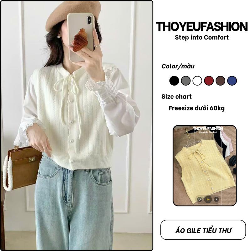  Áo gile len nữ Tiểu Thư cài cúc ngọc trai buộc nơ cổ dễ thương Hàn Quốc  M570 