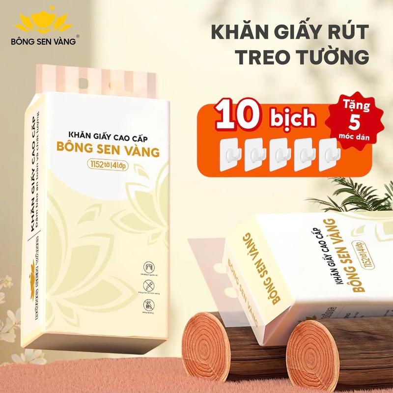 Combo 10 bịch khăn giấy rút Bông Sen Vàng (tặng kèm 5 móc treo tường) Giấy Vệ Sinh