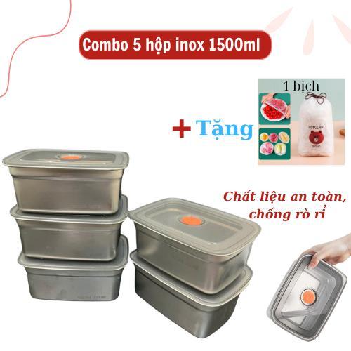 COMBO 5 hộp 1500ML inox 304 LOẠI 1 ( Tặng 1 Bịch Màng Bọc Thực Phẩm ) có nắp đậy hút chân không, khay đựnġ đồ để tủ lạnh ngăn mùi 19cm x 8.5cm x 13cm