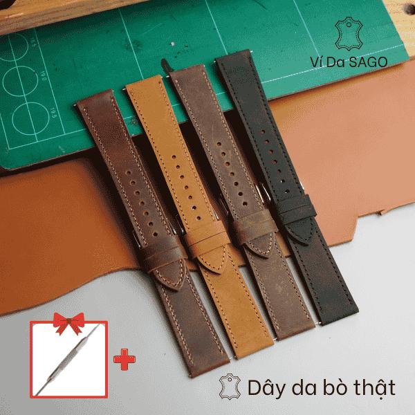 Dây Đồng Hồ Da Bò Sáp Vintage, Kiểu Dáng Cổ Điển KHÔNG ĐỘN Phom, Khóa Kim, Nhiều Size (DHSAP01)_Ví da SAGO
