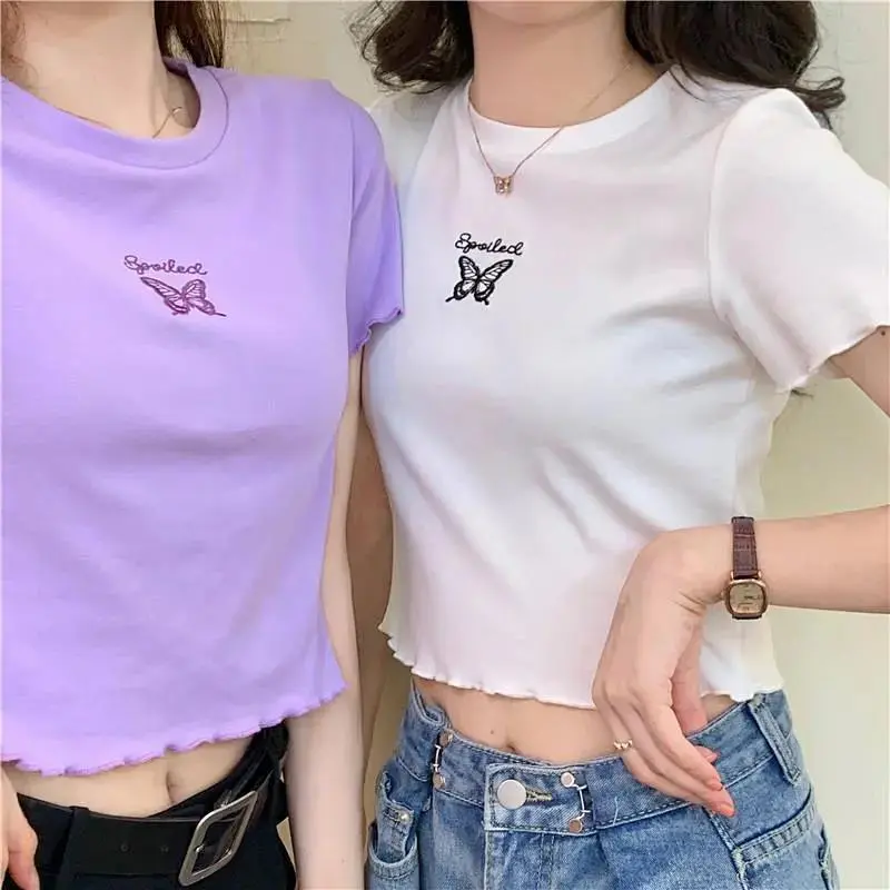 SS24 Áo Crop Top Ngắn Tay Cho Nữ, Cổ Tròn, Thêu Hình Bướm, Hàng Có Sẵn