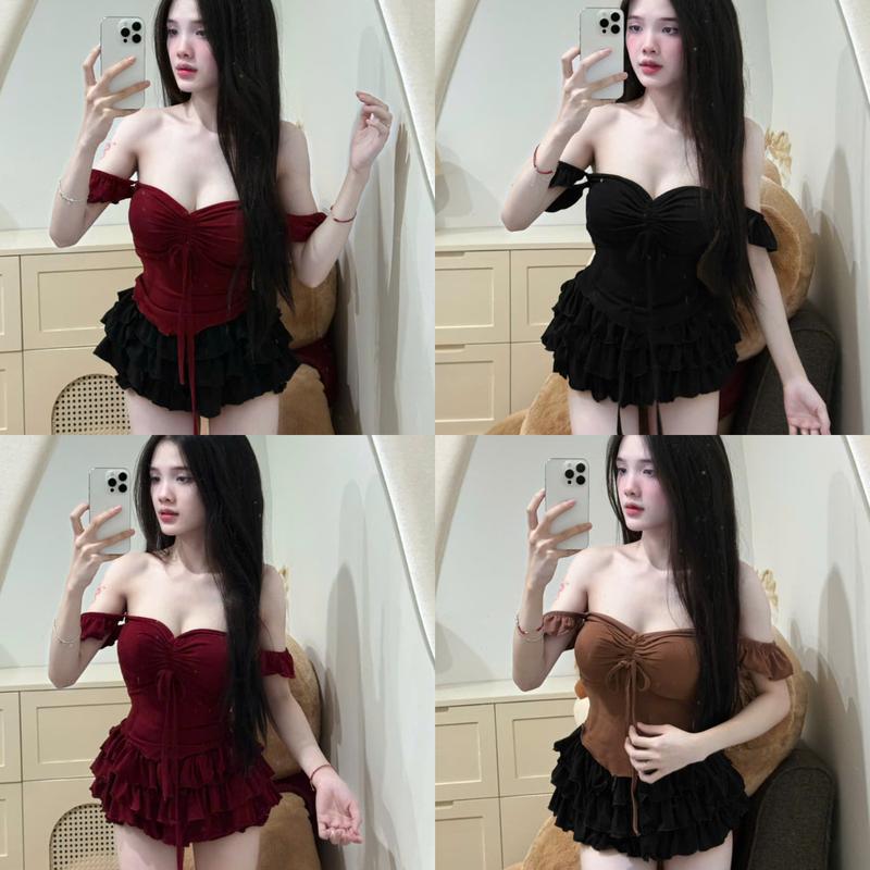 Set bộ nữ , áo kiểu nữ rút ngực có mút phối chân váy ngắn tầng xòe có quần PLS404