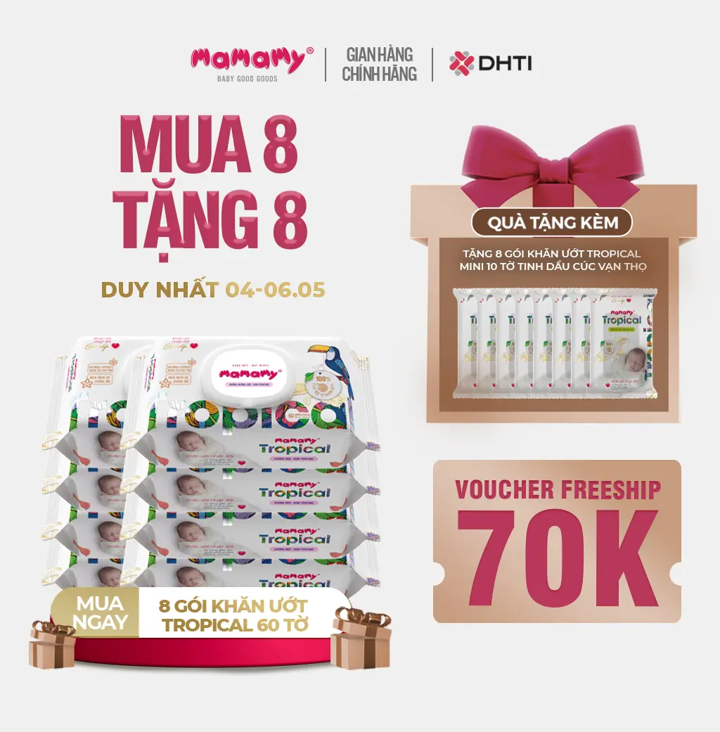 [MUA 8 TẶNG 8] MUA 8 gói khăn ướt Mamamy Tropical 60 tờ cao cấp chính hãng cho mẹ và bé, sợi vải thuần tự nhiên và rayon, x2 chất chống hăm, bổ sung tinh chất thiên nhiên TẶNG 8 gói khăn ướt Mamamy Tropical mini 10 tờ tinh dầu cúc vạn thọ
