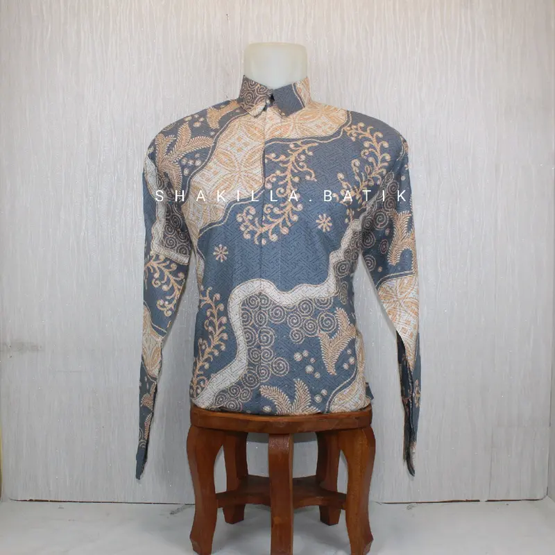 SH38.Kemeja Batik Pria lengan Panjang Couple Ayah dan Anak Bahan Katun premium Lapis Furing Warna Abu Abu Cream 2