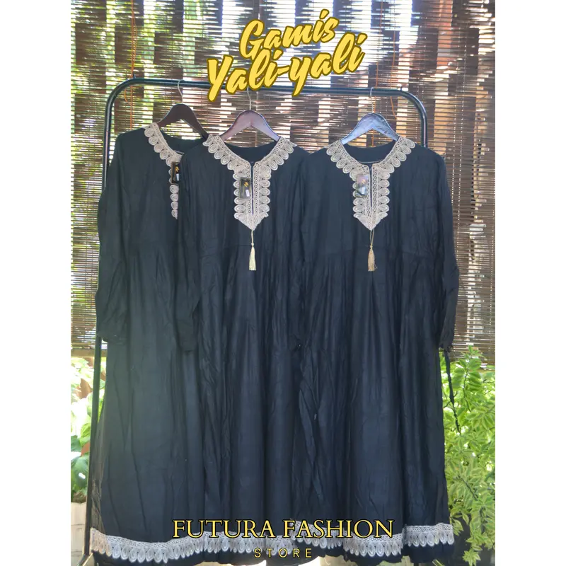 Gamis Yali-yali Viral Khas Pekalongan - Futura Fashion - Muslim Wanita Syari Lebaran Remaja Dewasa Hitam Mewah 1