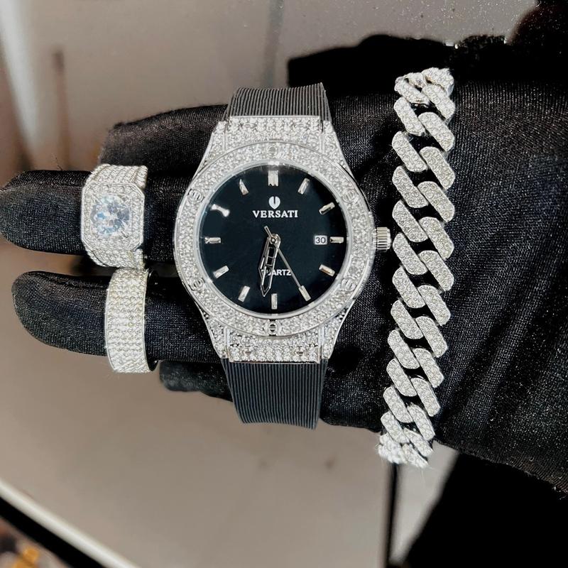 Tặng nhẫn Combo đồng hồ versati vòng tay và nhẫn đính đá hột chủ set 4 món sang trọng quà tặng cho nam nữ