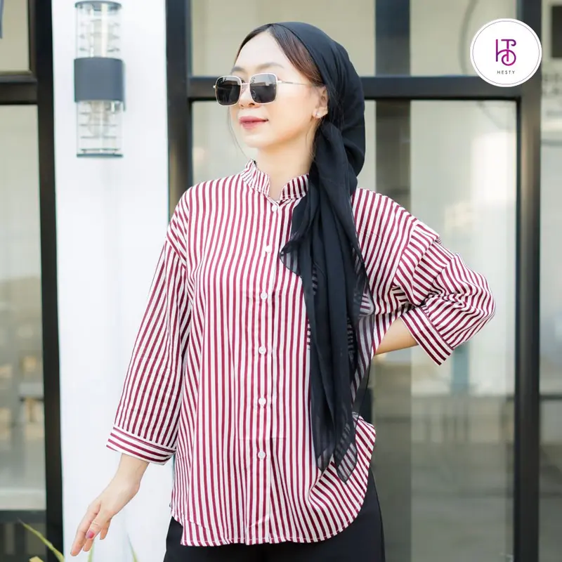 HESTY Kemeja Daily Top Salur Rayon Viscose Premium Wanita Atasan Baju Casual Oversize 0