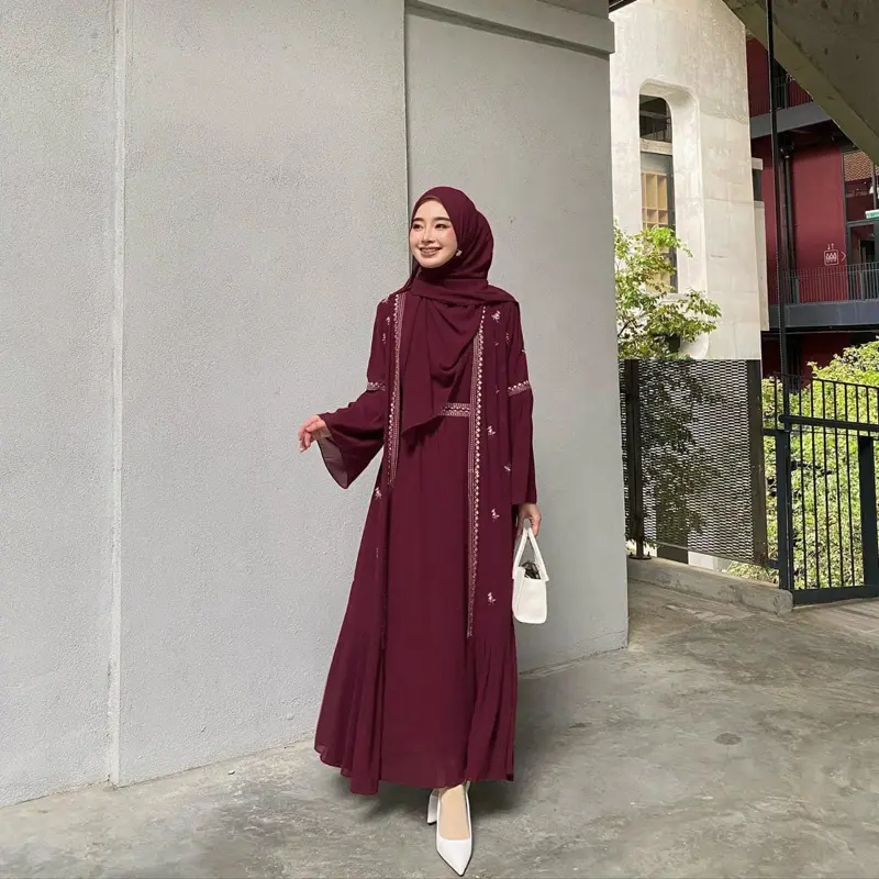 New Safwa abaya Series Burgundy Fashion Remaja Lebaran 2025 Bahan Ceruty mix brukat Bunga cantik model dua layer Ukuran M L XL XXL/Bisa COD