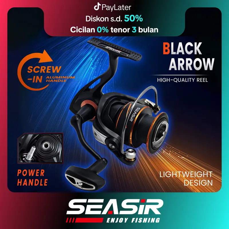 SEASIR x SEAHUNTER BLACK ARROW 1000-3000 Reel Pancing Putar, Power Handle Reel Tahan Air Kumparan Dangkal Aluminium, Bantalan Bola 5+1, Rasio Gir 5.2:1, Tarikan Maksimal 13KG, Gir Utama Logam Tarikan Kuat Lebih Halus Berkualitas saltwater Laut 0