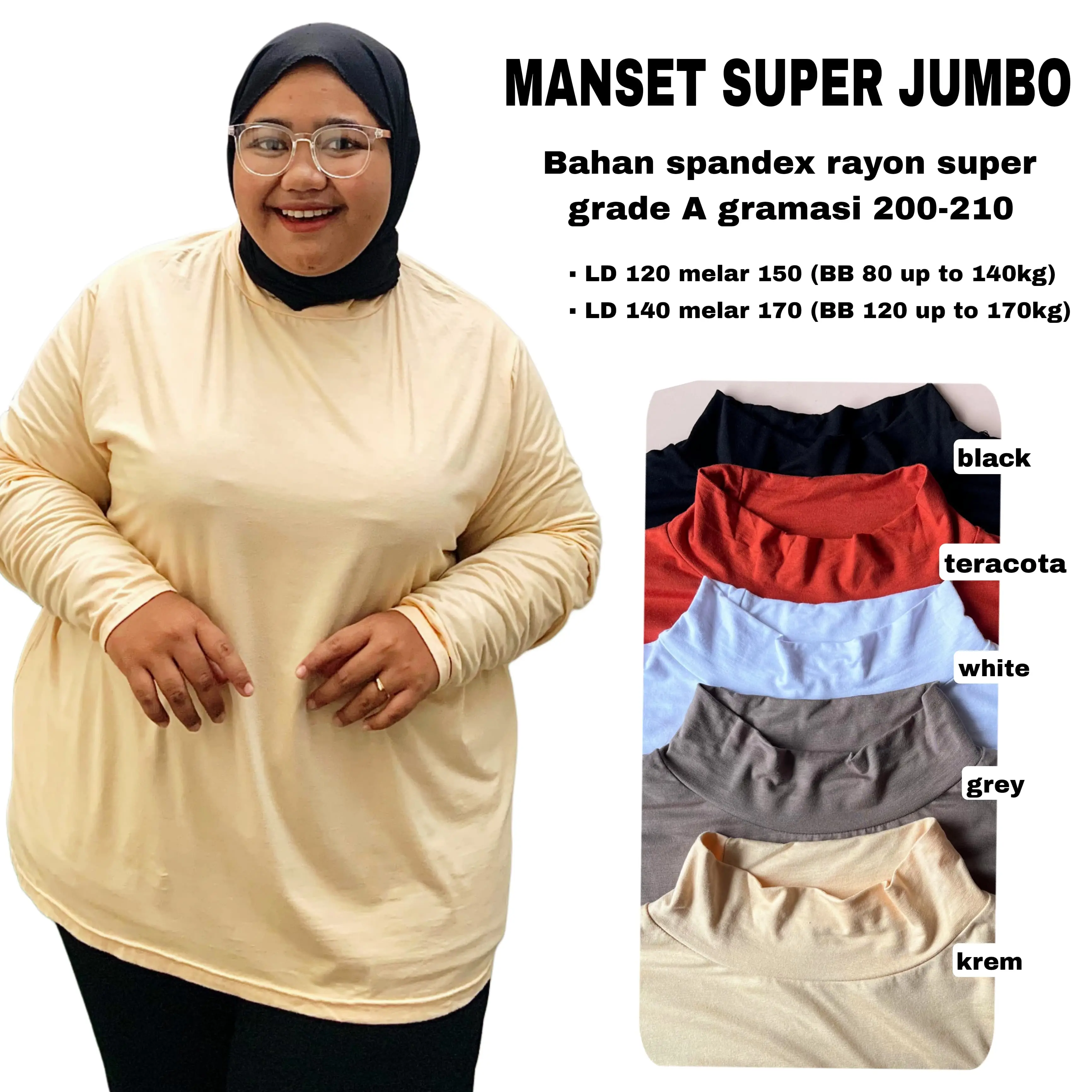 Kaos Manset Super Jumbo LD 120 - 170 cm Melar Adem Daleman Wanita Lengan Panjang Muat BB 80 -170 kg