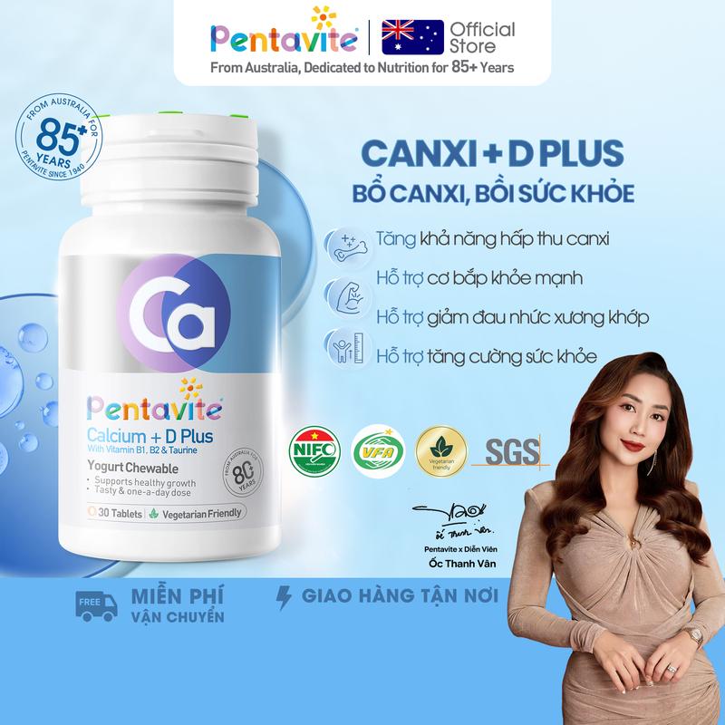 [PENTAVITE] Vitamin Calcium+D Plus Viên Nhai - Canxi 300mg/viên - Hỗ trợ xương khớp chắc khỏe - Bổ sung Canxi kết hợp Vitamin D giúp hấp thu Canxi tốt hơn, phù hợp người có nhu cầu bổ sung Canxi - Hộp 30 viên - Vị Sữa Chua - Chứng nhận VFA, NIFC