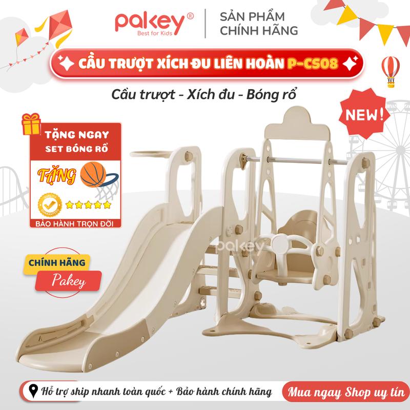 Cầu Trượt Xích Đu Pakey P-CS08 3in1 – An Toàn, Chắc Chắn Cho Bé, Đồ Chơi Vận Động Tặng Set Bóng Rổ