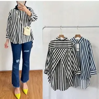 Kemeja Blouse Rayon Salur Stripe Wanita Oversize Silang Belakang Baju Atasan Nyaman viral korean outfit 8