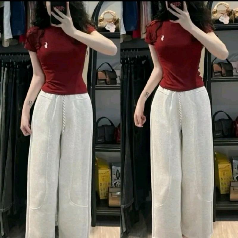 Set bộ nữ quần xuông nỉ màu xám mix áo thun tăm babytee dáng ôm