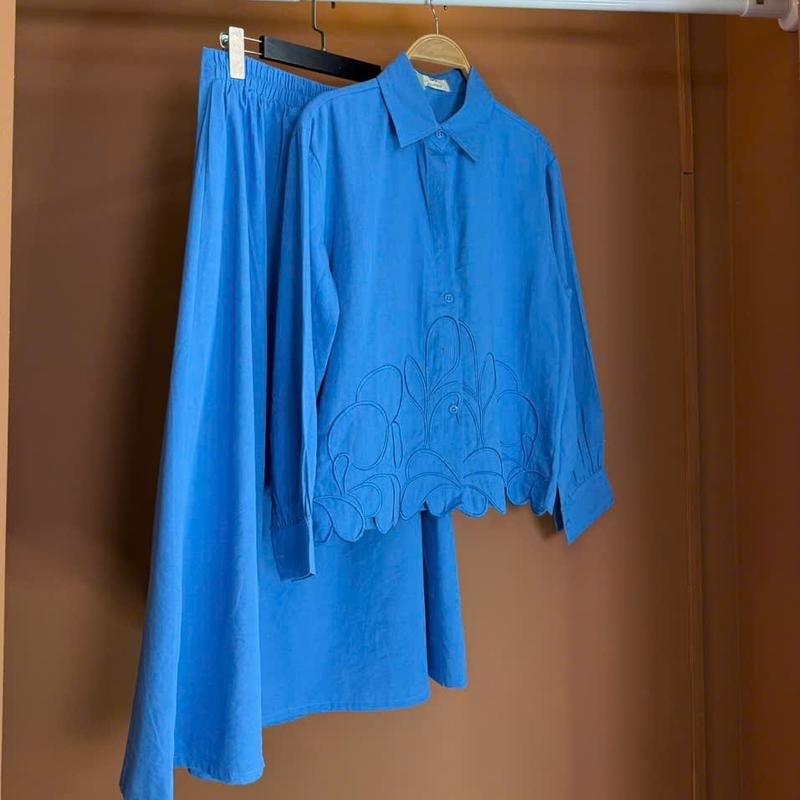 S226 SET ĐỒ NỮ GỒM CHÂN VÁY VÀ ÁO SƠ MI CẮT LAZER HỌA TIẾT THÊU FREESIZE CHẤT LIỆU COTTON GÂN