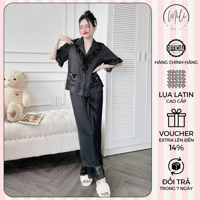 Đồ Bộ Pijama Nữ MiLi – Lụa Latin Cao Cấp, Áo Tay Ngắn Tiểu Thư Chấm Bi Phối Ren Tơ, Quần Dài Có Túi, Đồ Ngủ Xinh