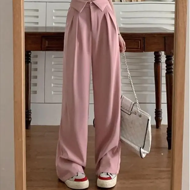 celana setelan kerah Celana setelan hitam wanita Celana wanita gaya korea celana lurus kaki lebar pinggang tinggi Panjang Standar Putih Polyester 6