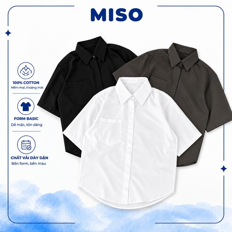 Áo Sơ Mi Tay Ngắn Nam Nữ MISO STUDIO 100% Cotton Form Rộng Unisex Cổ Đức Có Túi Mặc Đi Học Đi Làm Basic Mềm Mại Màu Trắng
