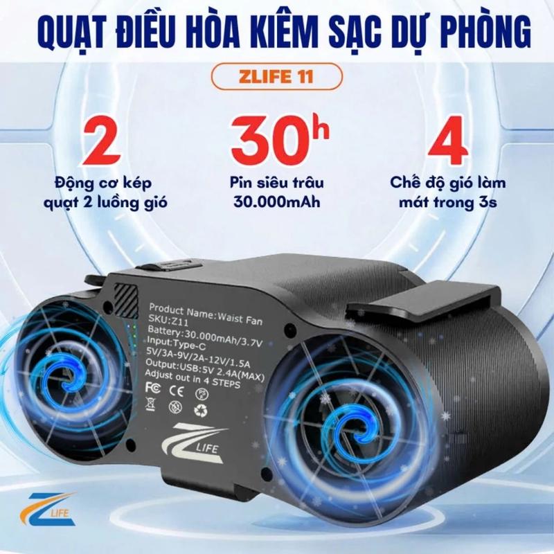 Quạt Đeo Thắt Lưng - Đeo Cổ Zlife Z11 30000mAh - Quạt Điều Hòa Tích Điện Dùng 30H Kèm Sạc Dự Phòng 2
