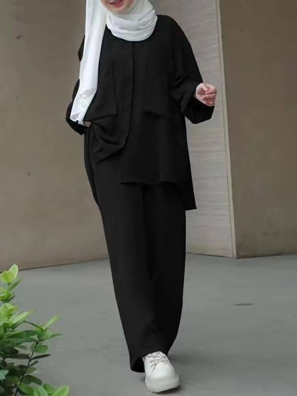 Product Introduction of High quality cross solid color blue Black Kachislin long sleeve pocket hidden door tube dyed buckle elastic waist long pants shirt set long shirt + pants 12