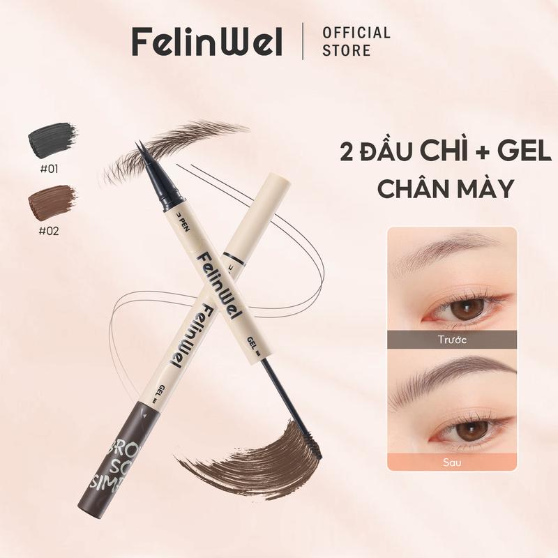 FelinWel - Bút kẻ chân mày dạng lỏng 2 đầu & Gel kẻ chân mày có màu Không thấm nước Lâu trôi Công thức thuần chay Dễ sử dụng