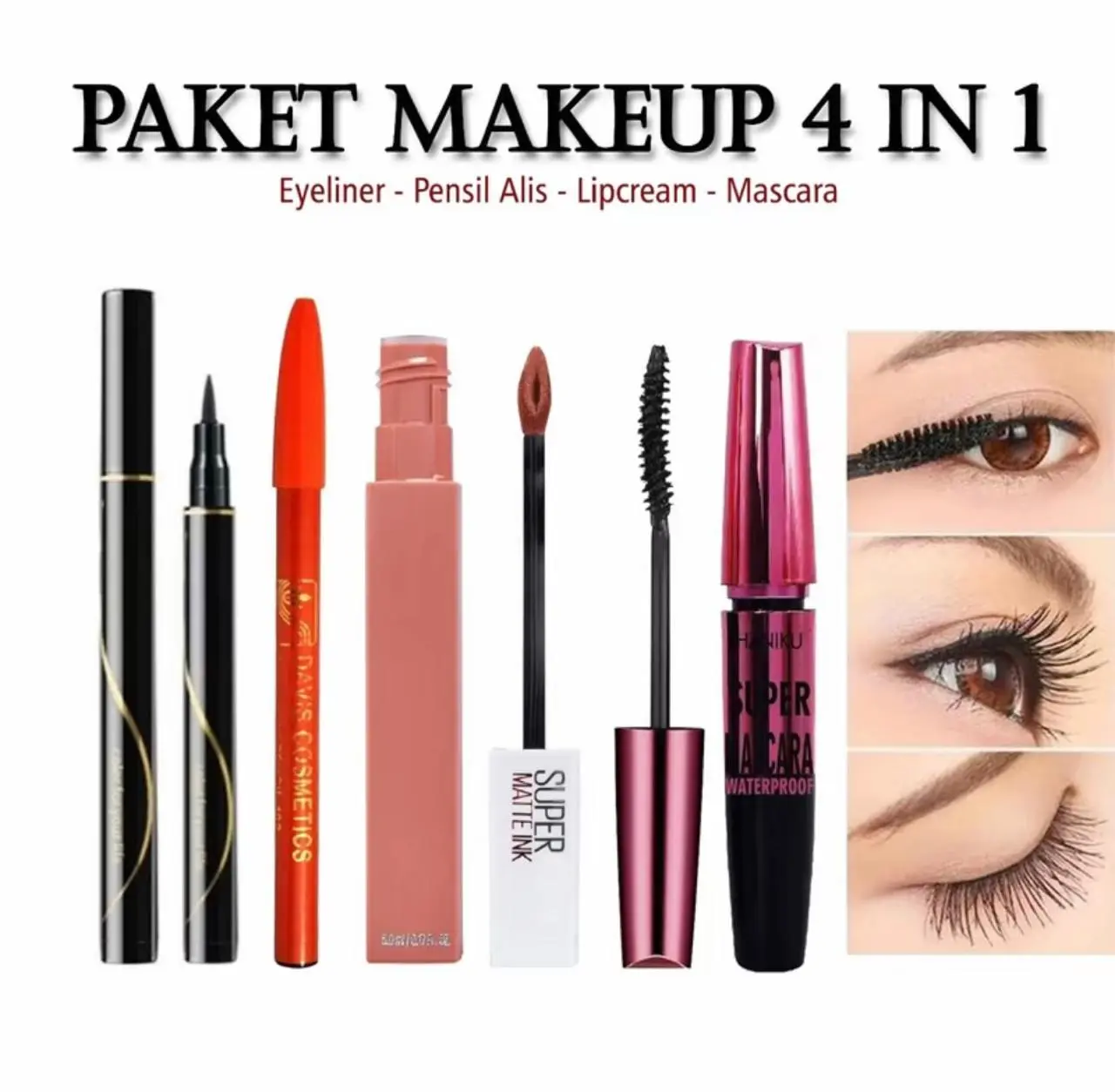 Paket Hemat 4 in 1 Maskara Pink Waterproof + Eyeliner + Pensil Alis + Lip cream Tahan Lama