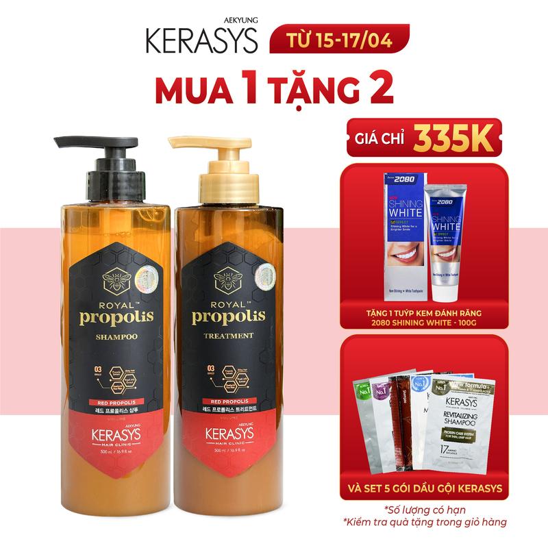 Cặp dầu gội xả ngăn rụng tóc keo ong Kerasys Royal Propolis Red Hàn Quốc ngăn ngừa rụng tóc, làm phồng tóc mỏng xẹp, Chăm Sóc Tóc 500ml dầu  gội Nữ