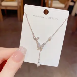EAR PARTNER-Desain khusus Korea, kemewahan ringan, kalung mutiara gantung kupu-kupu zirkon, kalung rantai tulang selangka feminin