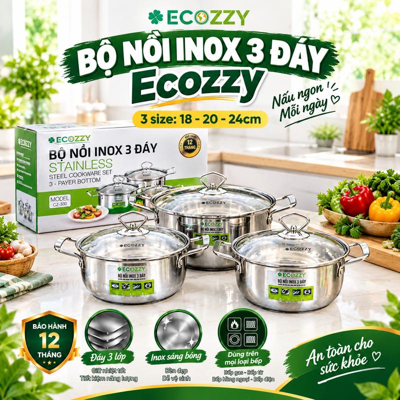 Bộ nồi Inox 3 đáy vung kính ECOZZY 3 nồi size 18-20-24cm dùng trên bếp gas, bếp từ, bếp điện, bếp hồng ngoại