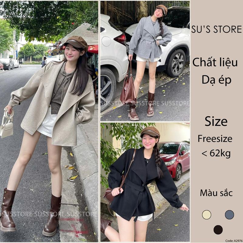 Áo Dạ Ép Cổ Vest Tay Bo Kèm Đai A2976 Susstore Top Thời Trang Nữ Jacket Kem