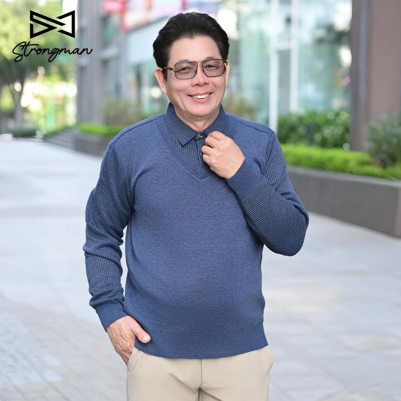 CÚC VÀNG KÈM LOGO THÊU Áo Len Lót Nỉ Nhung Trung Niên Nam - Dài Tay Cổ Áo Sơ Mi Mềm Mịn Dày Dặn Sang Trọng - Lưng Cao Menswear