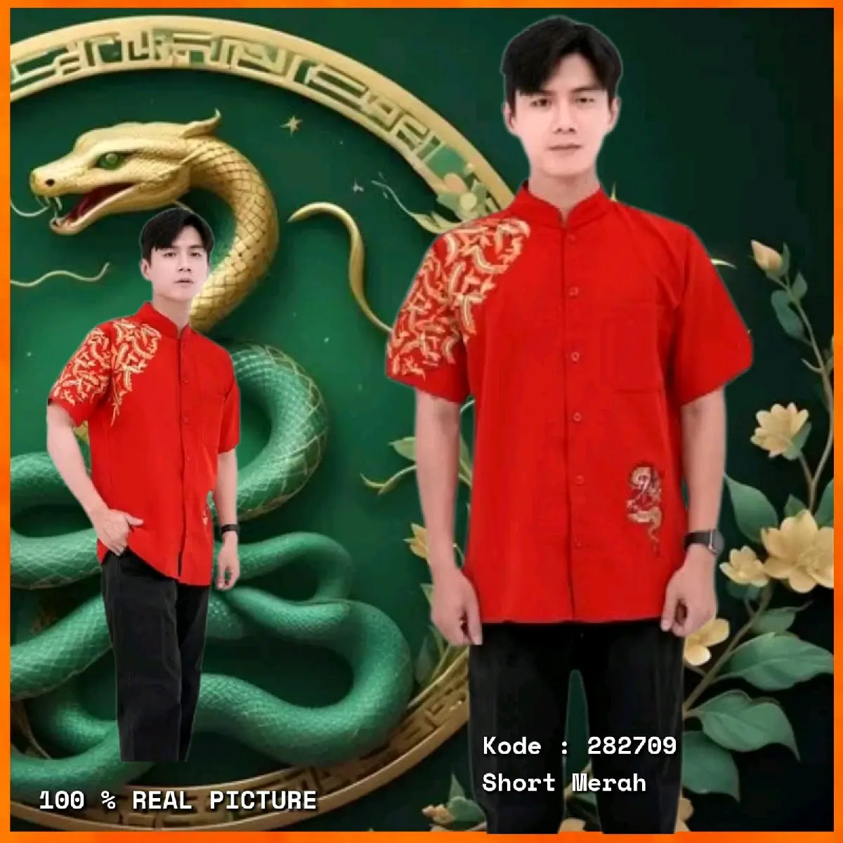 Baju Imlek Import Pria Kemeja Cheongsam Laki Laki Qipao 282709 Short Merah