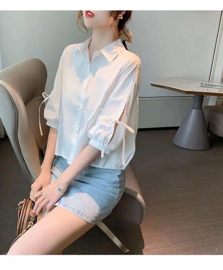 Product Introduction of Women's Chiffon Rheology Hong Kong Style Three-Quarter Sleeve Shirt 2023 New Loose Design Niche Chic Top 19