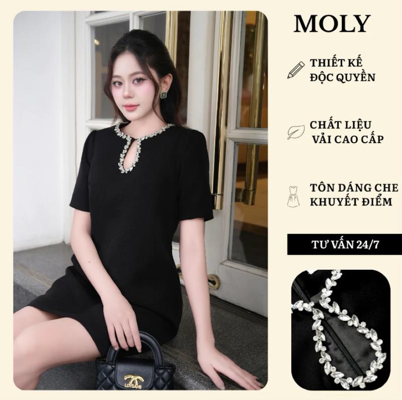 Đầm Bigsize EMY - MOLY Vải Chéo Hàn, thiết kế tay bồng, đính đá thủ công, che khuyết điểm, tôn dáng.