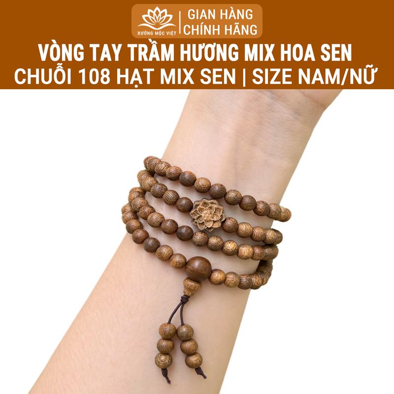 Vòng Tay Trầm Hương Chuỗi Tràng 108 Hạt Mix Charm Hoa Sen Xưởng Mộc Việt - Trầm Tóc Tiêu Chuẩn Mix Phụ Kiện Size 6/7/8MM