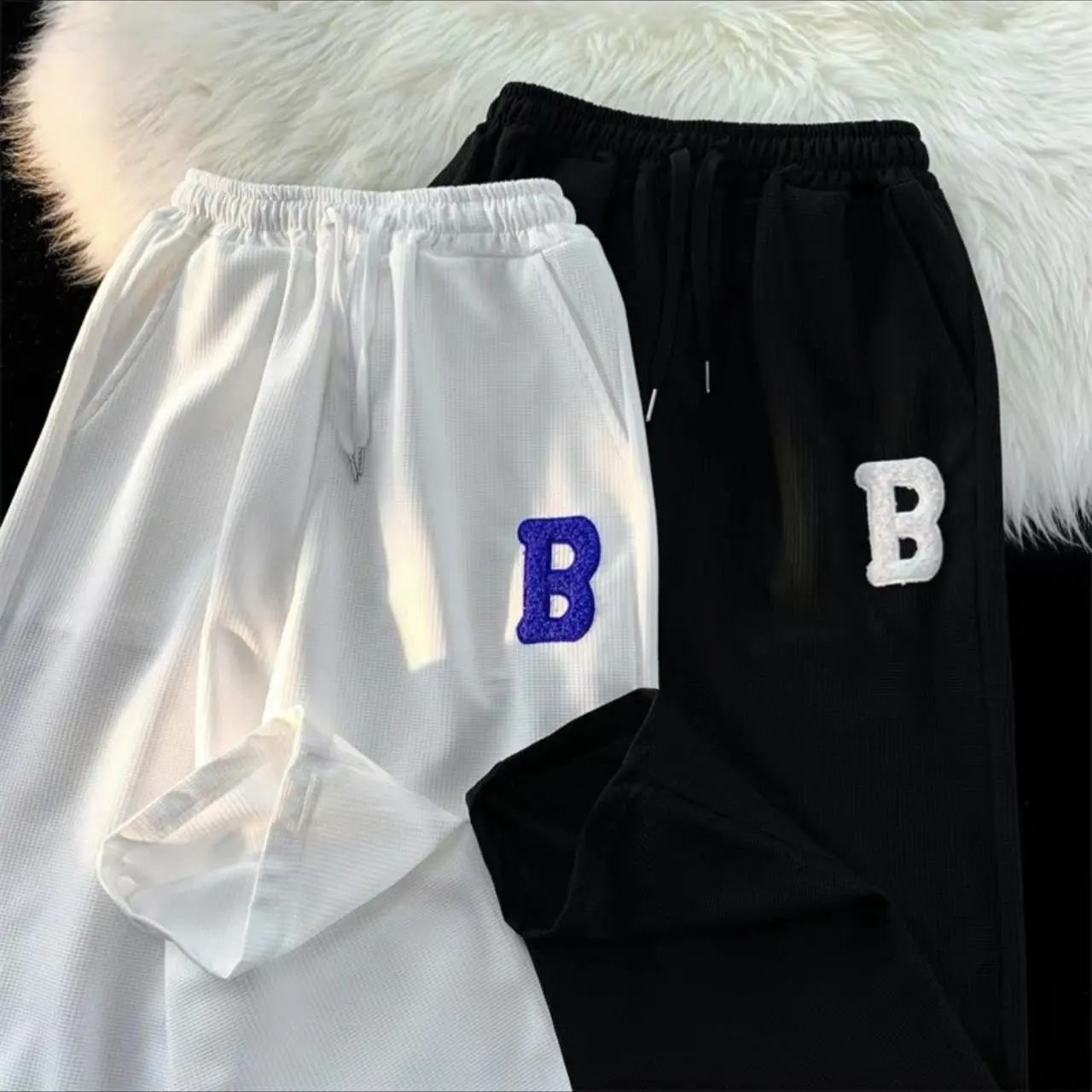 Korean Style Striped Long Pants for men Casual Baggy Sweat Pants Unisex  BETTER ADD SIZE Fabric Menswear Trouser Breathable Soft Day  pants Lingerie Human Pocket Beige Plain