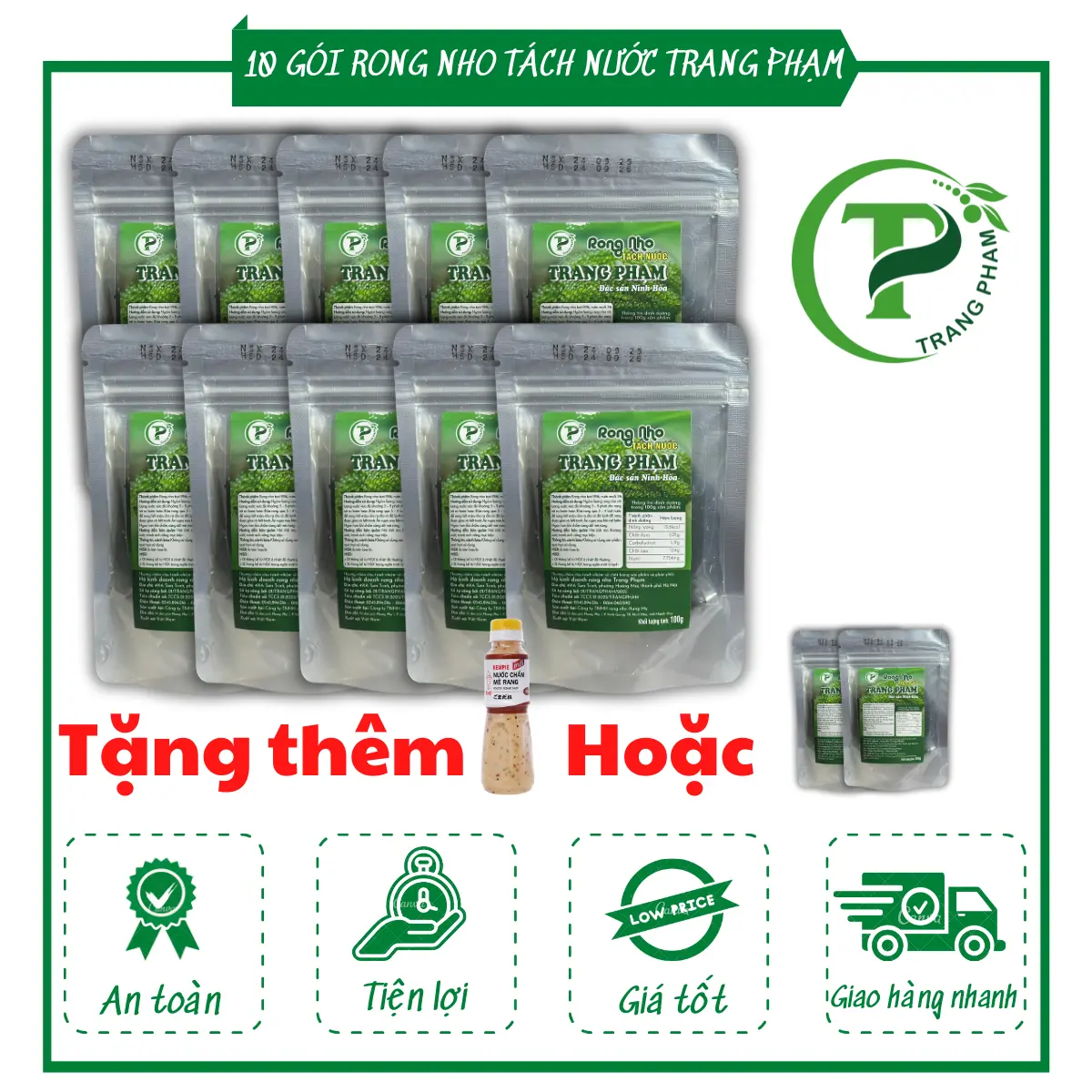 [CÓ CHỨNG NHẬN KIỂM ĐỊNH] 10 gói 1kg Rong Nho tách nước sốt mè rang Trang Phạm Loại 1 ( tặng kèm 2 gói hoặc chai xốt ) Rong Biển bien rong nhotach Snack Ăn Vặt rong nho