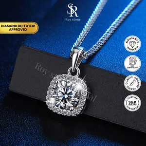 Roystone_Moissanite Kalung Wanita Original Sertifikat GRA Silver925 Lapis Emas18K_Glam Square Necklace