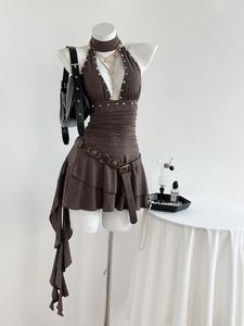 Vestido elegante de verano para mujer con cuello halter y escote en V, liso, entallado y con volantes; corto sin mangas, diseño espalda descubierta, perfecto para uso casual