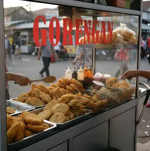 Sticker Kaca Gerobak Jualan Gorengan Bahan Skotlet untuk Penjualan Makanan Ringan dan Snack