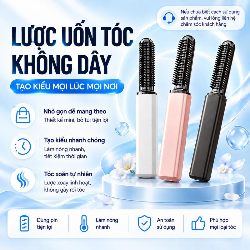Lược uốn/duỗi tóc nhỏ gọn, dễ mang theo và nhẹ, hoàn hảo cho du lịch, lược điện mini không dây dùng để tạo kiểu tóc mái.