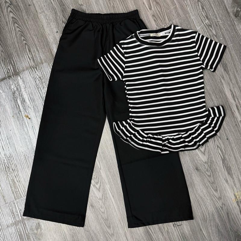 SB41 - Set áo sọc cổ tròn bèo lai tay ngắn phối quần vải cotton lạnh siêu mát