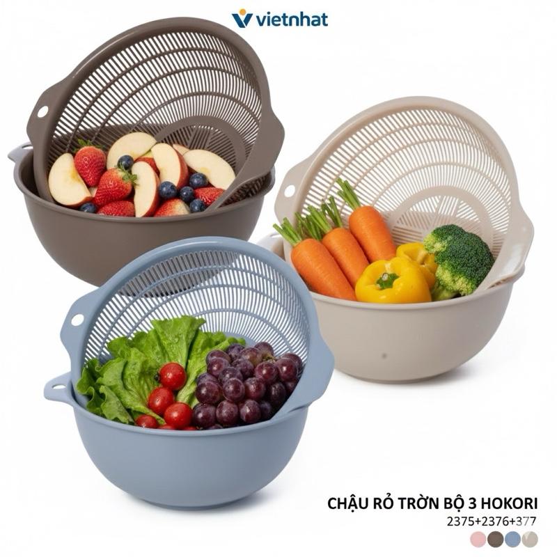 BỘ 6 CÁI CHẬU RỔ CHẬU HOKORI 2375+2376+2377 Chất Liệu Nhựa An Toàn Dùng Cho Rửa Rau Củ Quả (100% có quà)